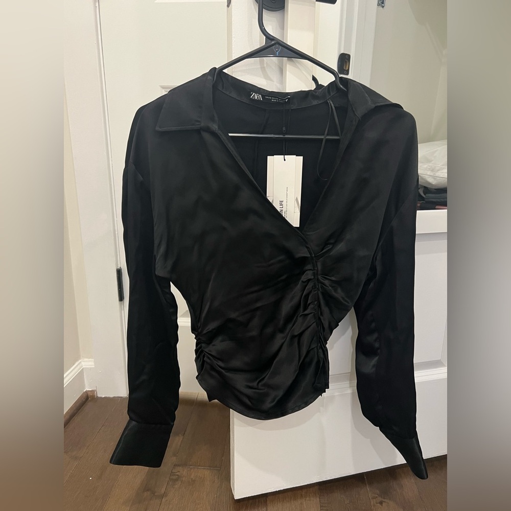 Zara Black Satin Ruched Wrap Blouse